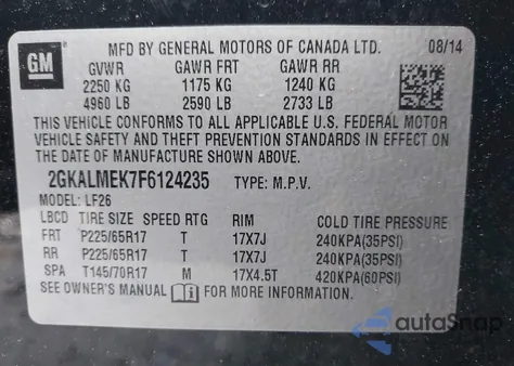 2015 GMC Terrain Sle-1 from USA, damaged, VIN 2GKALMEK7F6124235